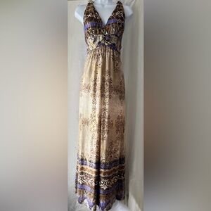 Majora Gold & Cream Racerback Metallic Maxi Dress - Built-In Bra Cups, Size L